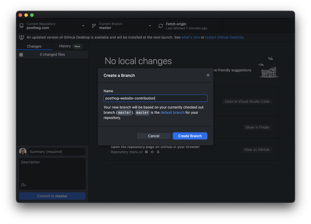 GitHub Desktop - new branch dialog